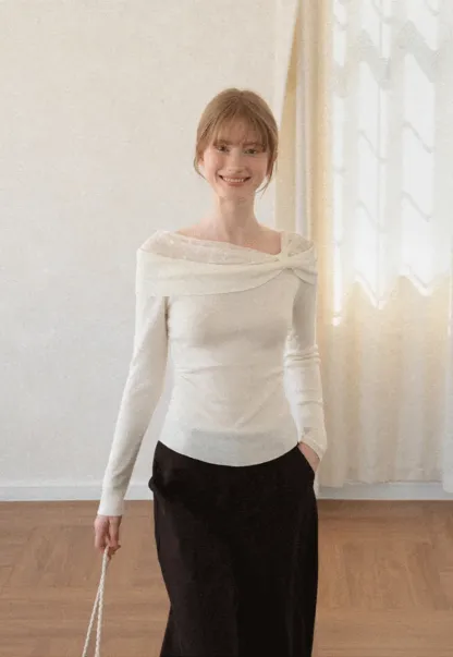 Off Shoulder Draped Neck Woolen Knit Sweater