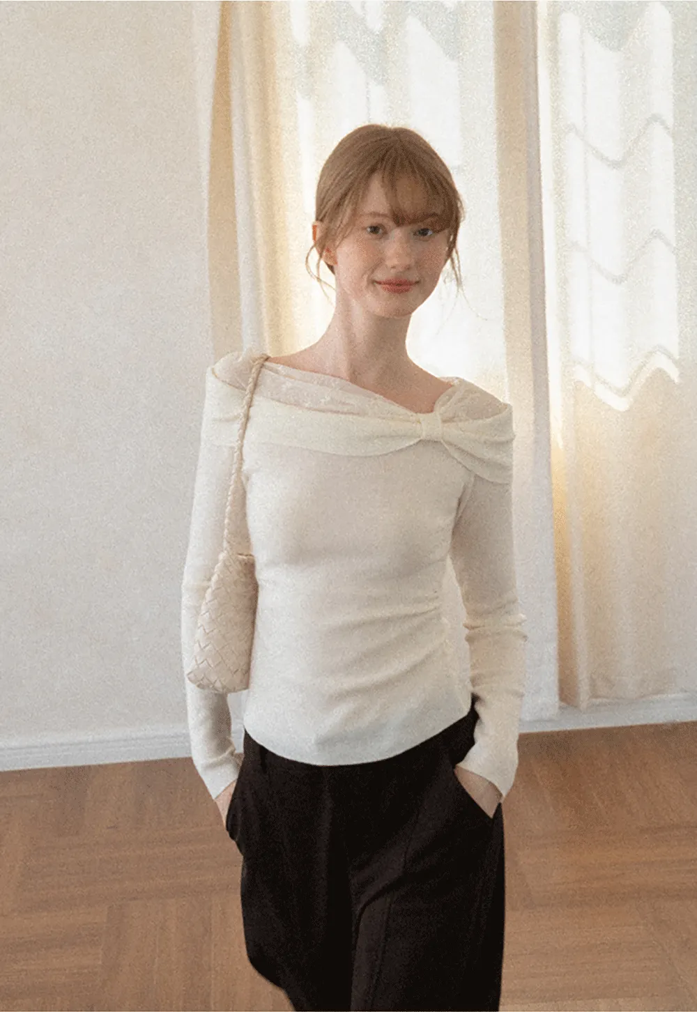 Off Shoulder Draped Neck Woolen Knit Sweater
