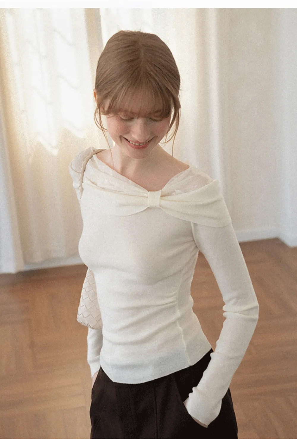 Off Shoulder Draped Neck Woolen Knit Sweater