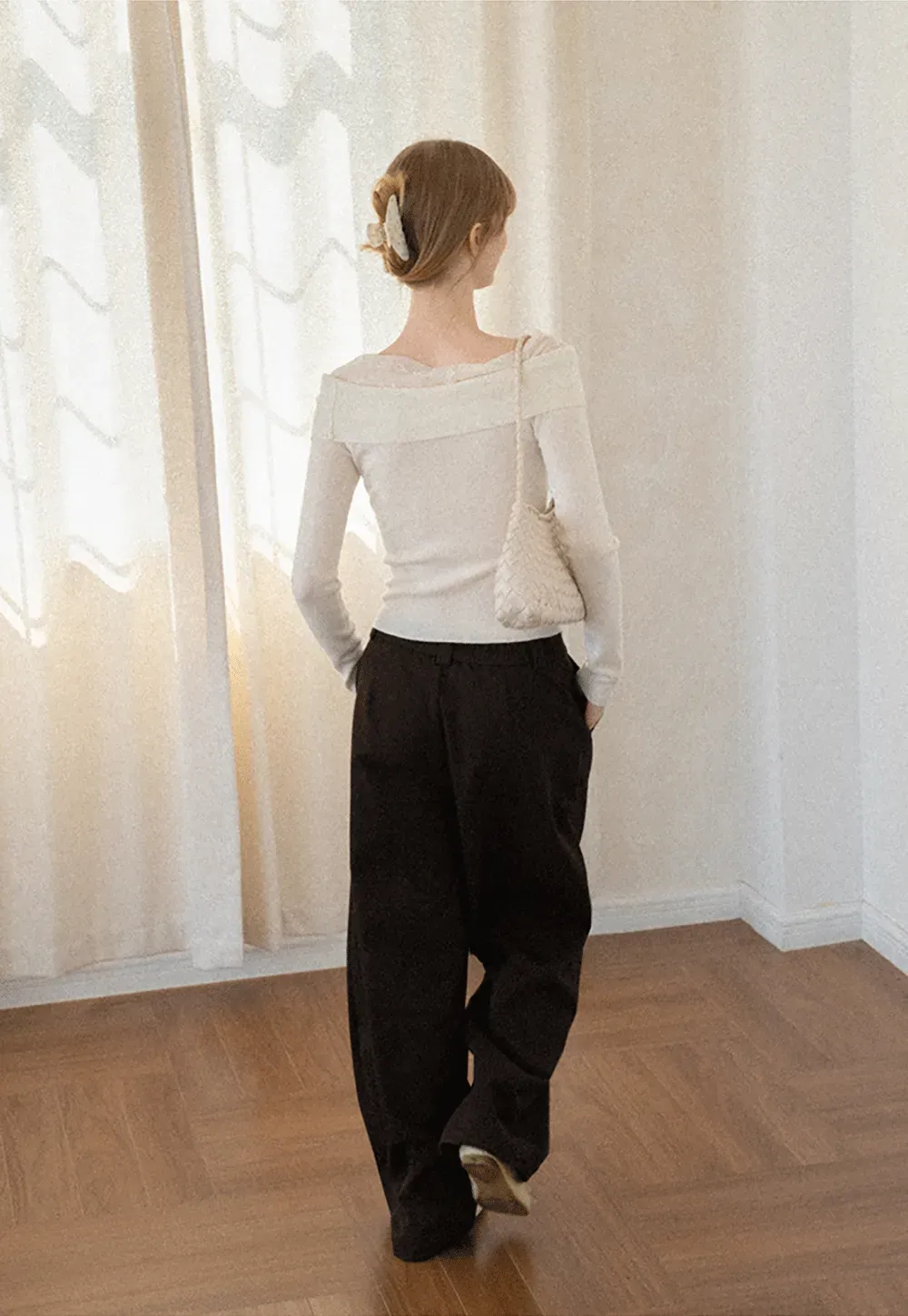 Off Shoulder Draped Neck Woolen Knit Sweater