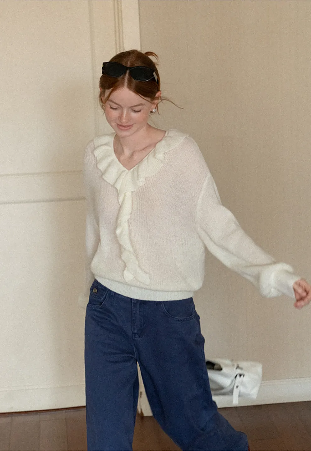 Ruffled V Neck Knit Sweater