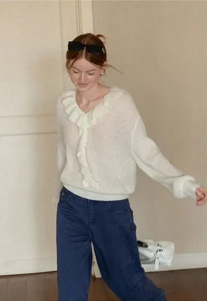 Ruffled V Neck Knit Sweater
