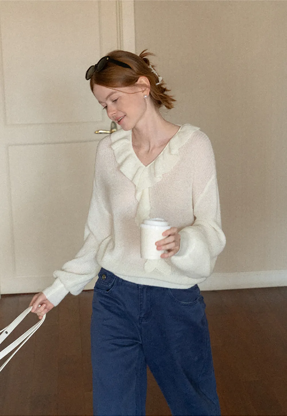 Ruffled V Neck Knit Sweater