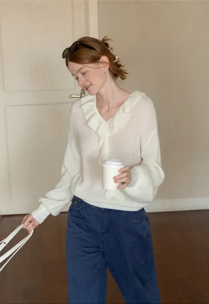 Ruffled V Neck Knit Sweater