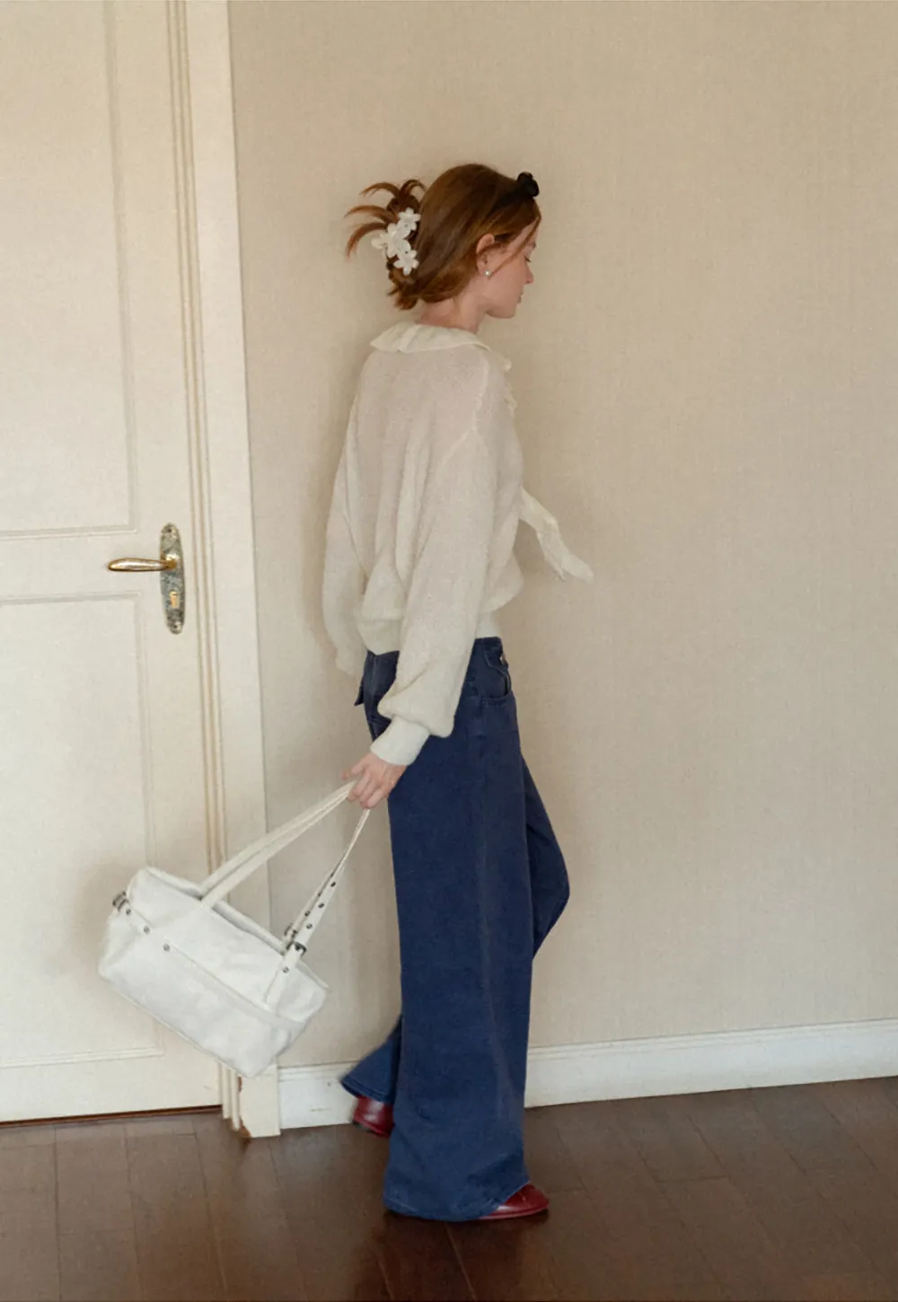 Ruffled V Neck Knit Sweater