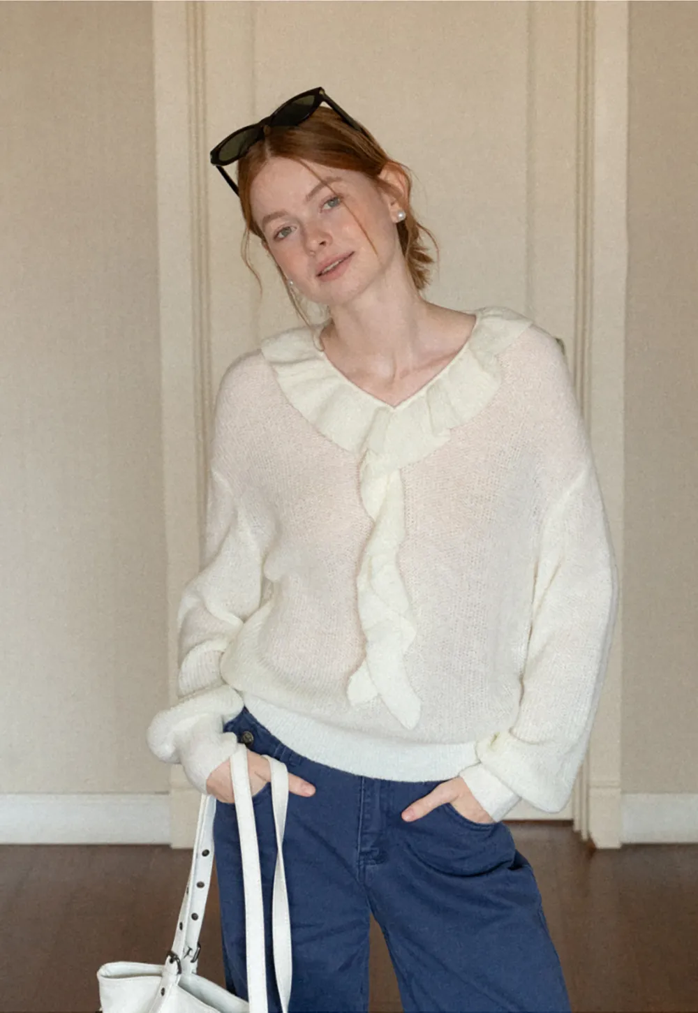 Ruffled V Neck Knit Sweater
