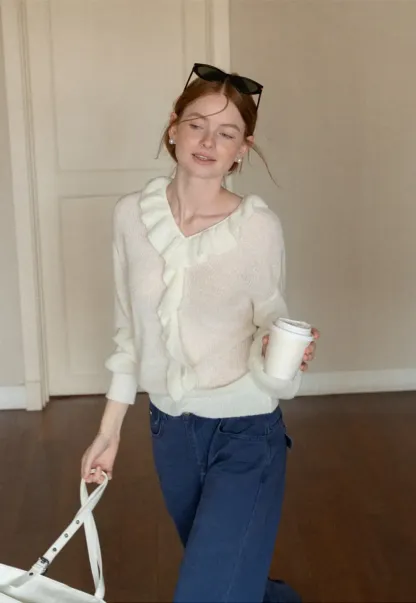 Ruffled V Neck Knit Sweater
