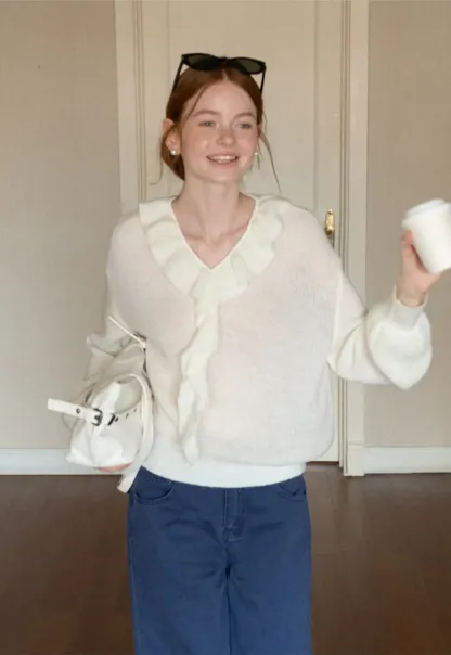 Ruffled V Neck Knit Sweater