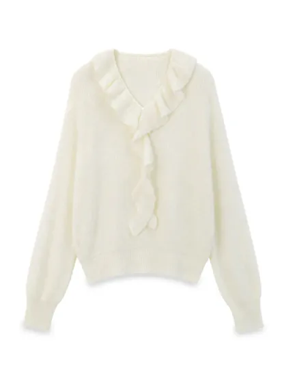 Ruffled V Neck Knit Sweater