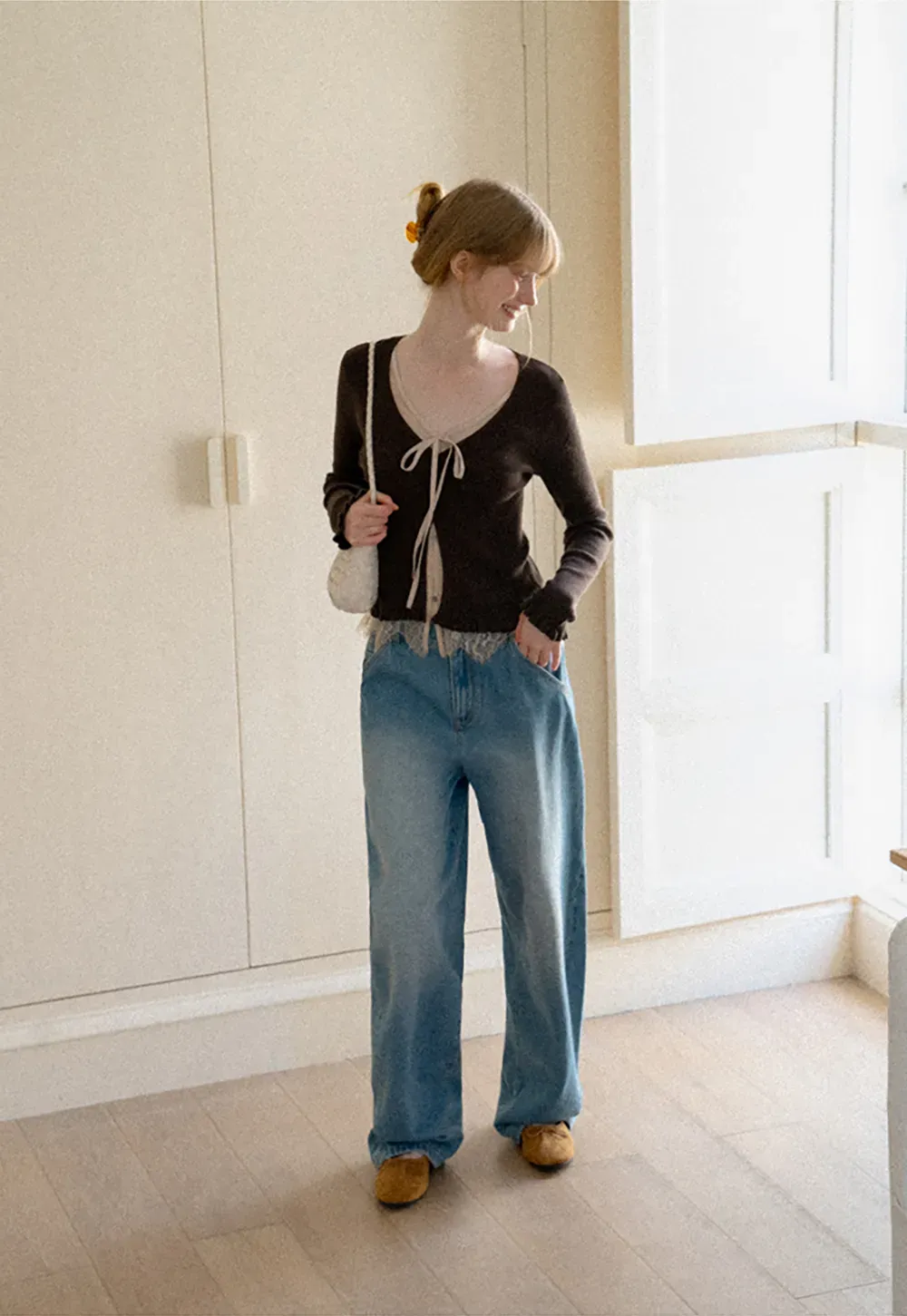 V Neck Lace Trim Long Sleeve Knit Sweater