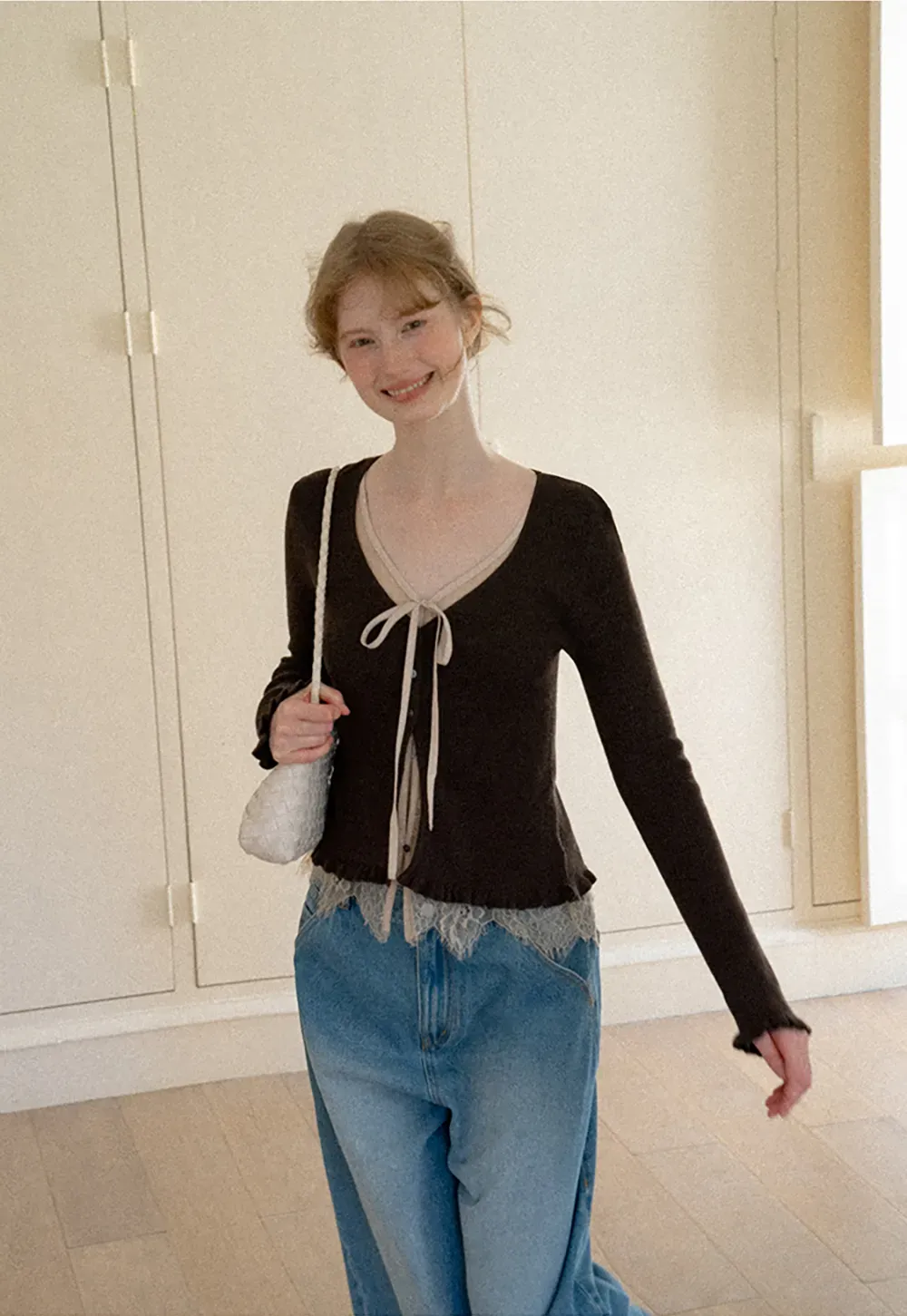 V Neck Lace Trim Long Sleeve Knit Sweater