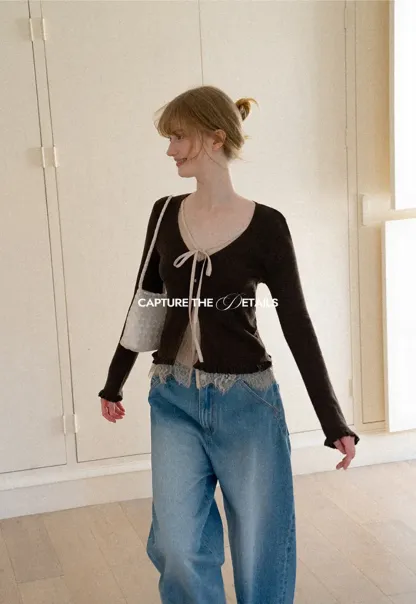 V Neck Lace Trim Long Sleeve Knit Sweater