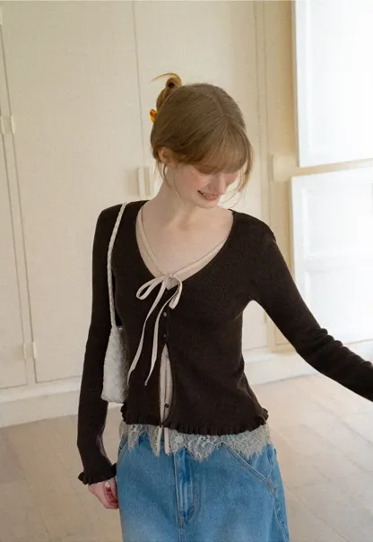 V Neck Lace Trim Long Sleeve Knit Sweater