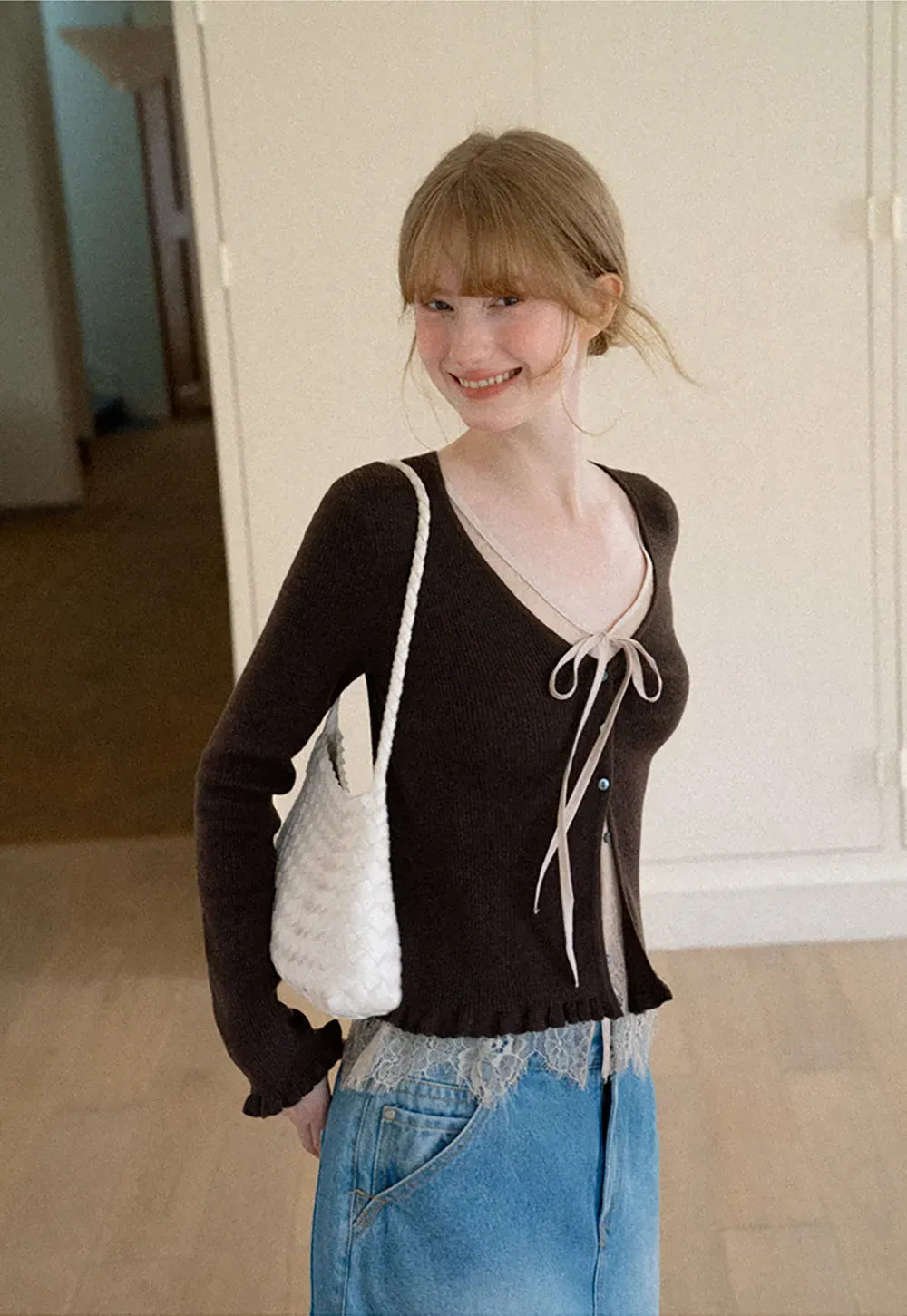 V Neck Lace Trim Long Sleeve Knit Sweater