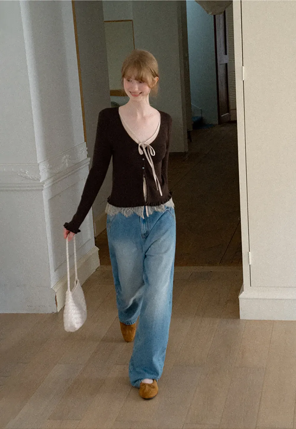 V Neck Lace Trim Long Sleeve Knit Sweater