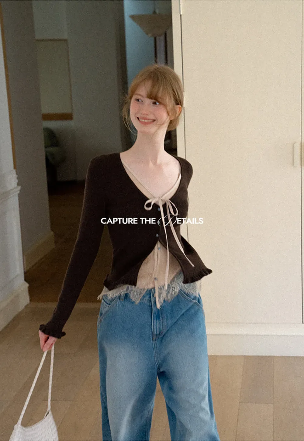 V Neck Lace Trim Long Sleeve Knit Sweater