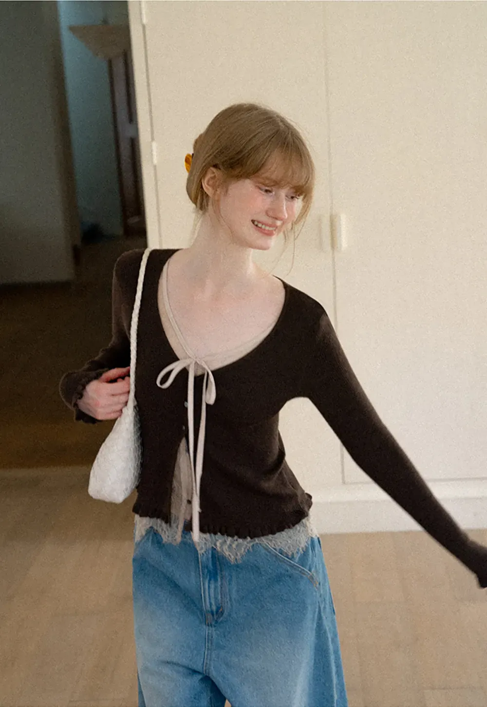 V Neck Lace Trim Long Sleeve Knit Sweater