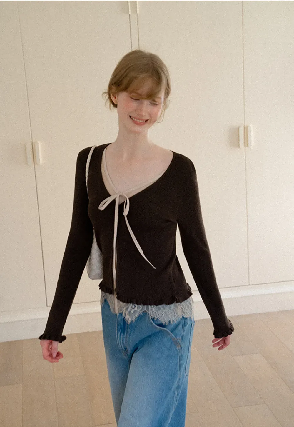 V Neck Lace Trim Long Sleeve Knit Sweater