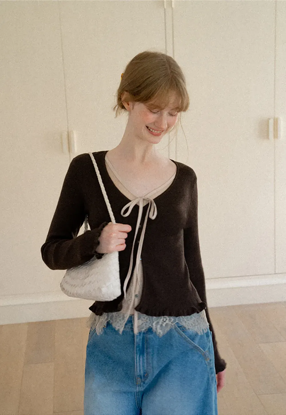 V Neck Lace Trim Long Sleeve Knit Sweater