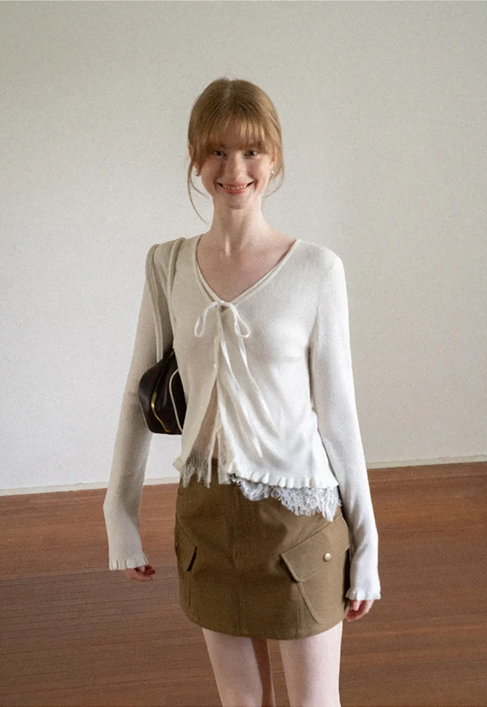 V Neck Lace Trim Long Sleeve Knit Sweater