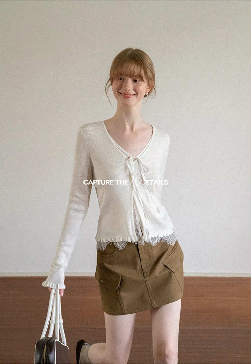 V Neck Lace Trim Long Sleeve Knit Sweater