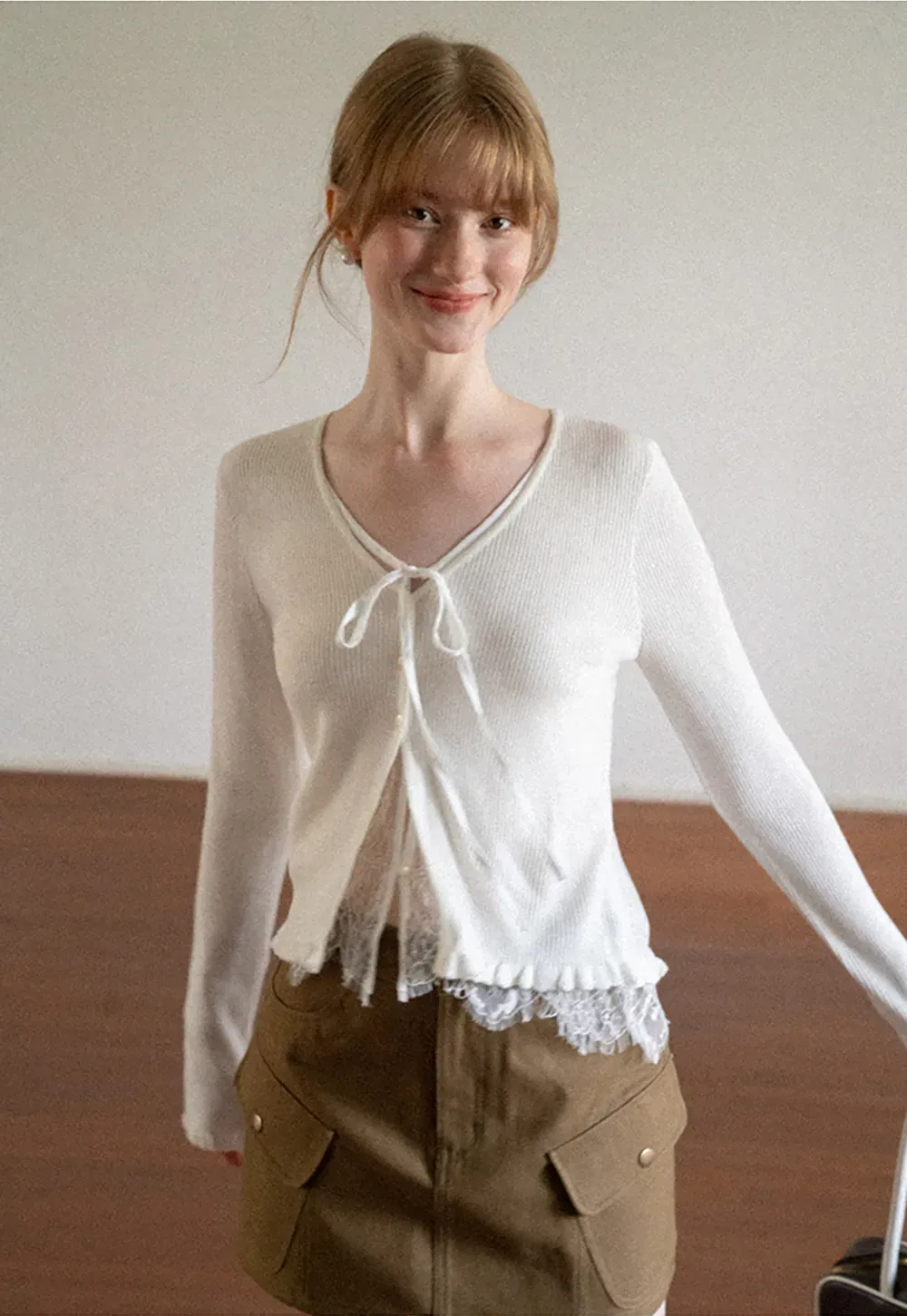 V Neck Lace Trim Long Sleeve Knit Sweater
