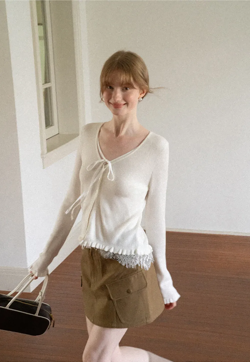 V Neck Lace Trim Long Sleeve Knit Sweater