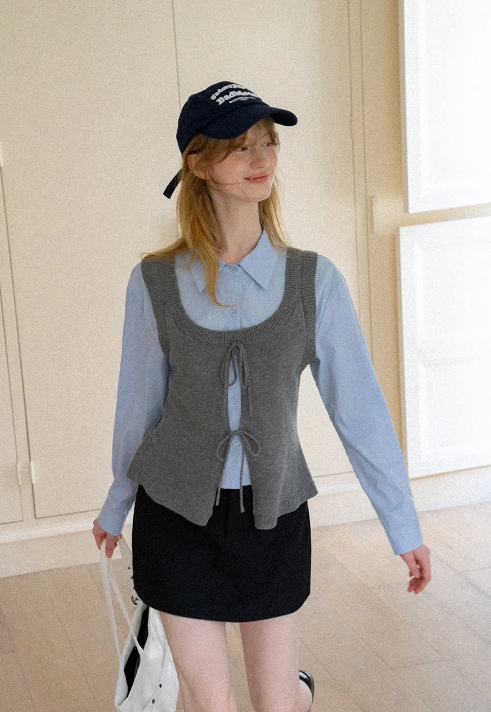 V Neck Knit Vest with Front Tie Detail
