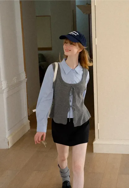 V Neck Knit Vest with Front Tie Detail