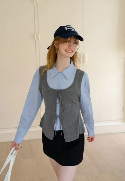 V Neck Knit Vest with Front Tie Detail