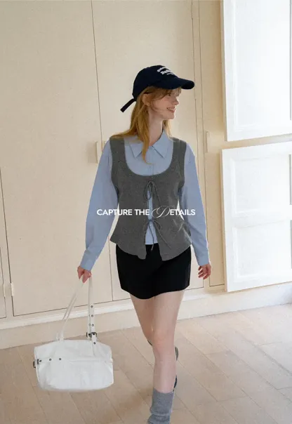 V Neck Knit Vest with Front Tie Detail