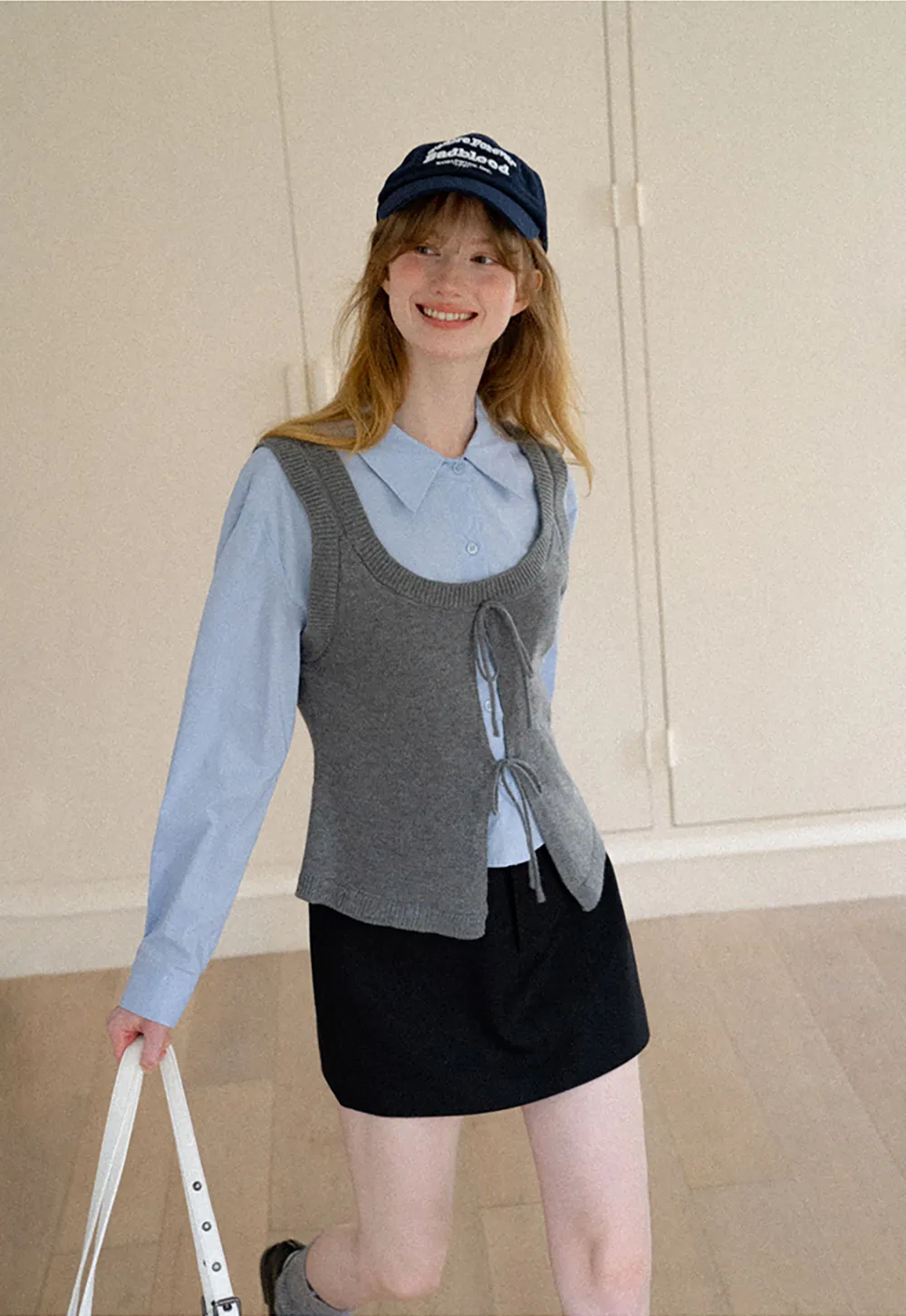 V Neck Knit Vest with Front Tie Detail