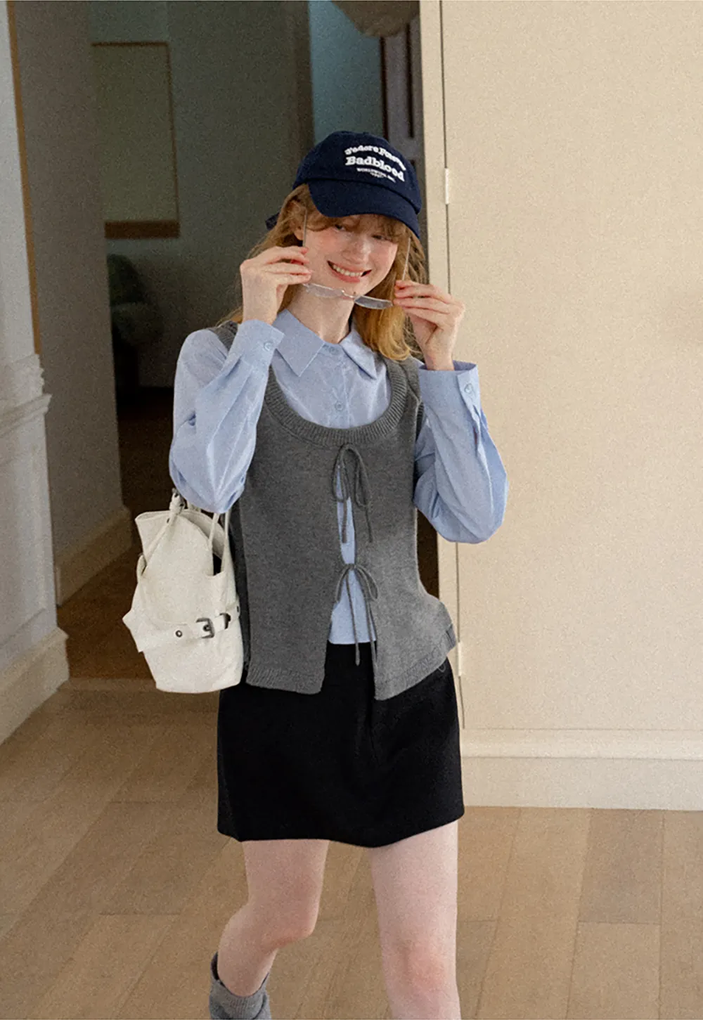 V Neck Knit Vest with Front Tie Detail