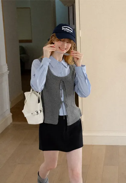 V Neck Knit Vest with Front Tie Detail