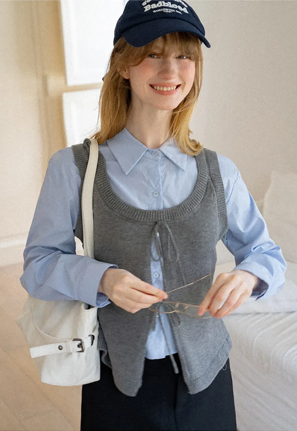 V Neck Knit Vest with Front Tie Detail