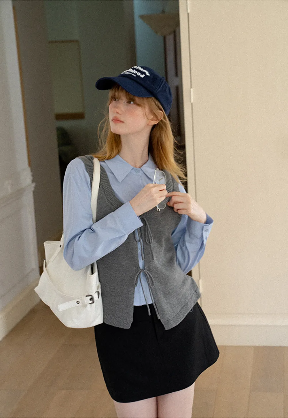 V Neck Knit Vest with Front Tie Detail