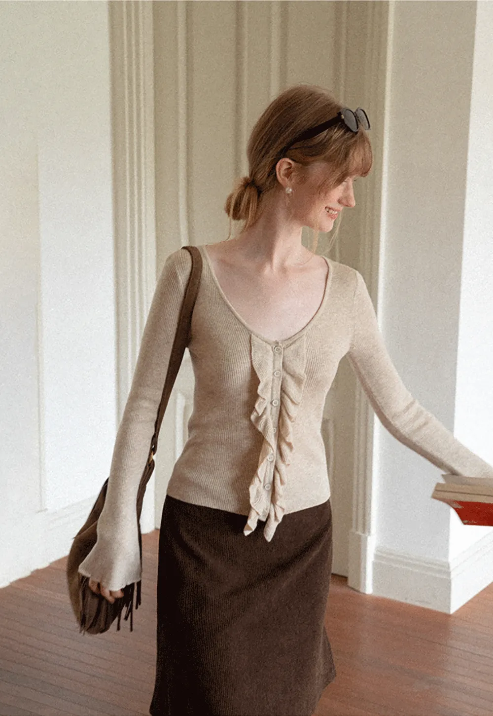 Ruffled Trim V Neck Long Sleeve Knit Sweater