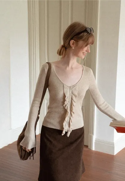 Ruffled Trim V Neck Long Sleeve Knit Sweater