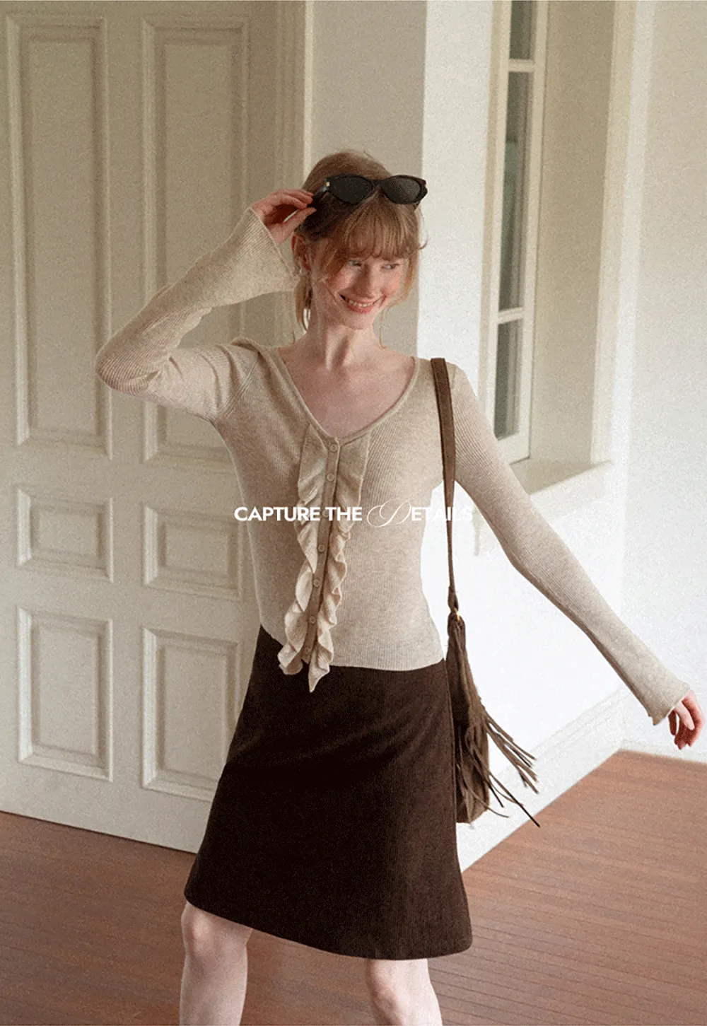 Ruffled Trim V Neck Long Sleeve Knit Sweater