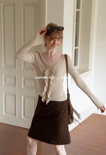 Ruffled Trim V Neck Long Sleeve Knit Sweater