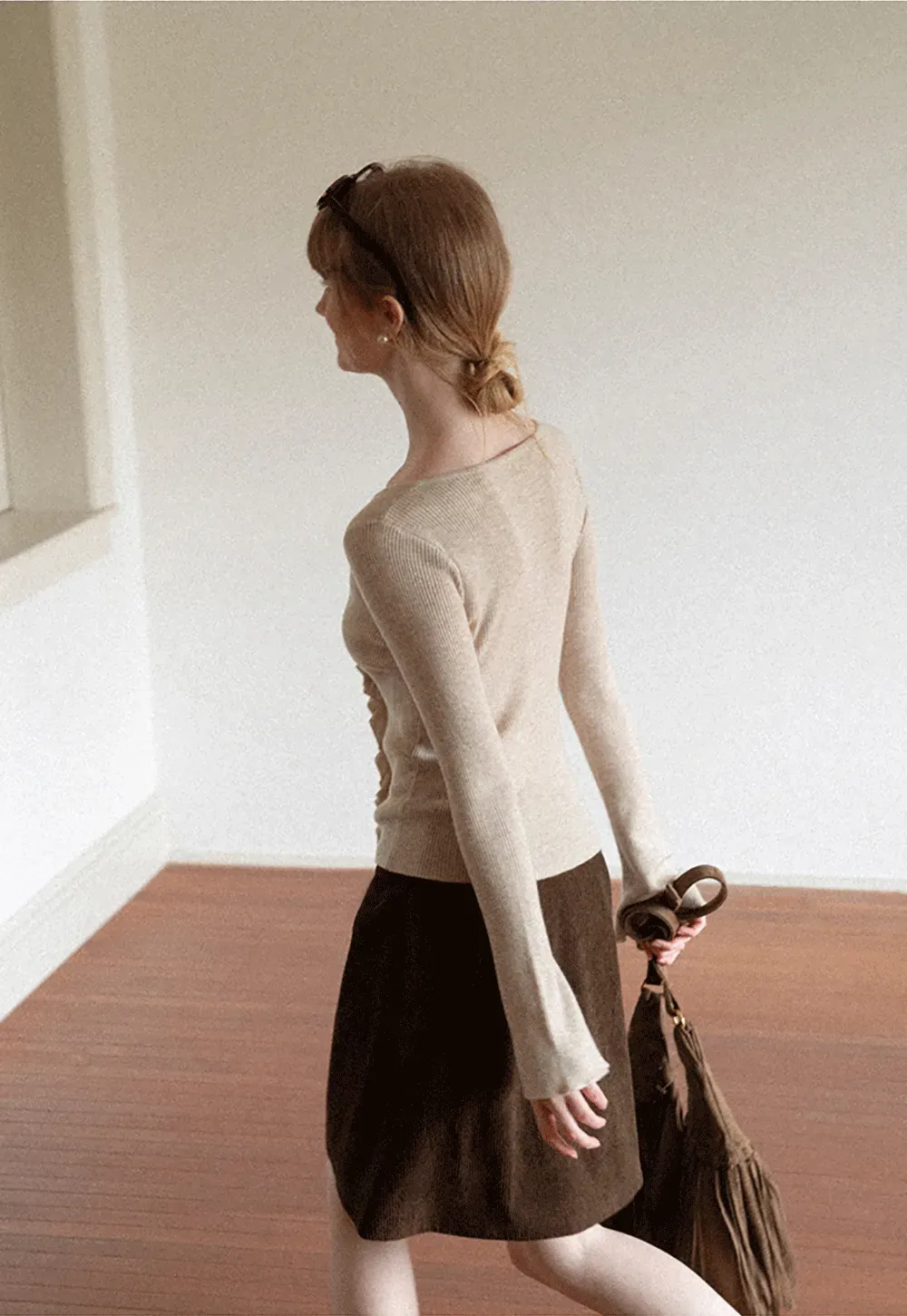 Ruffled Trim V Neck Long Sleeve Knit Sweater