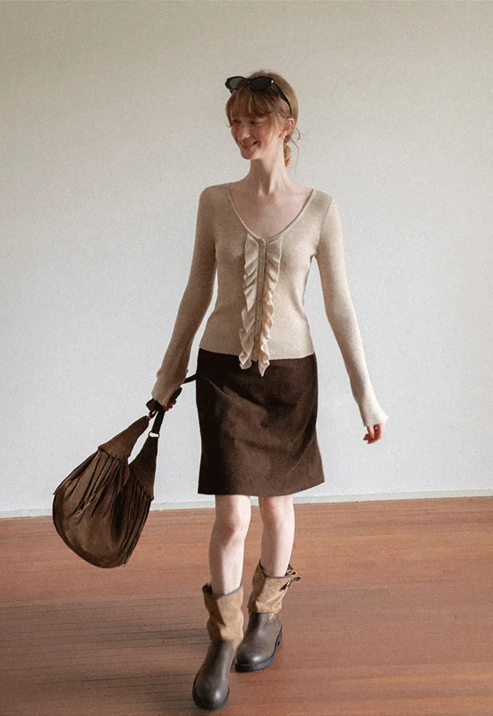 Ruffled Trim V Neck Long Sleeve Knit Sweater
