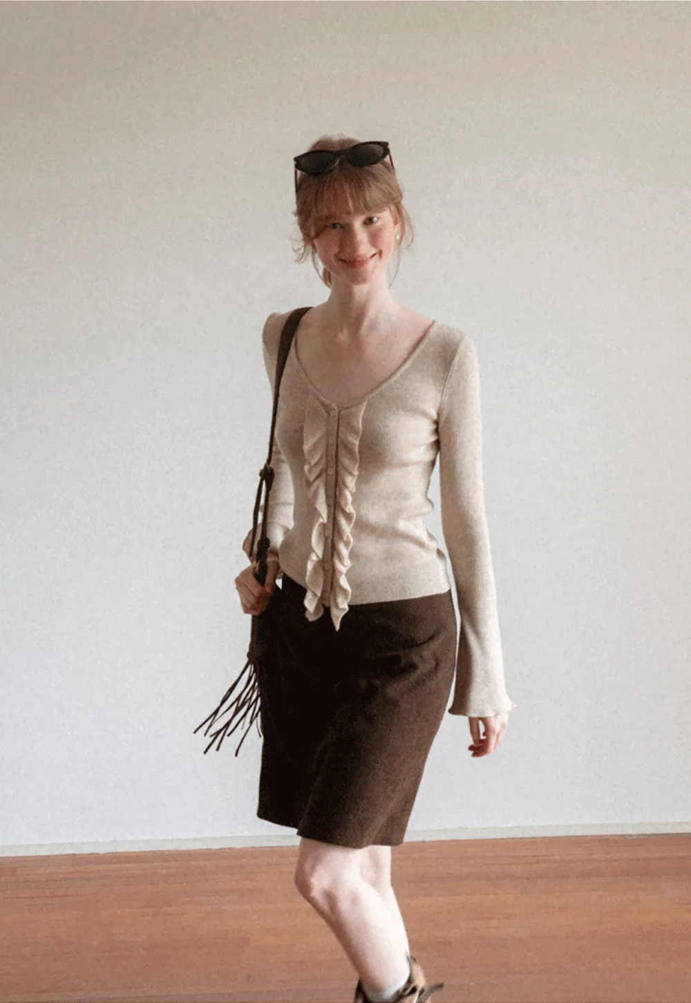 Ruffled Trim V Neck Long Sleeve Knit Sweater