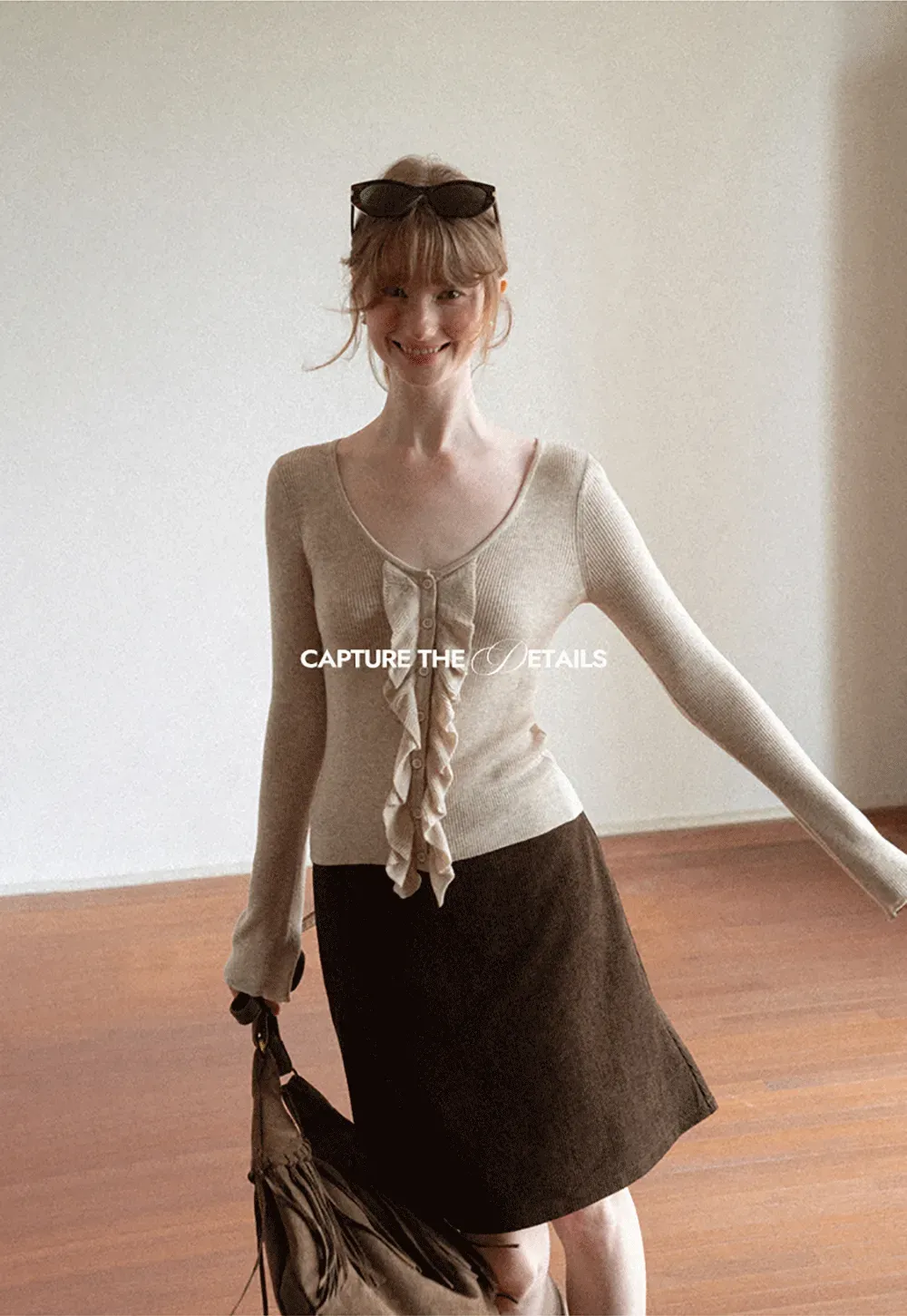 Ruffled Trim V Neck Long Sleeve Knit Sweater