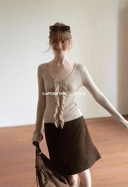Ruffled Trim V Neck Long Sleeve Knit Sweater