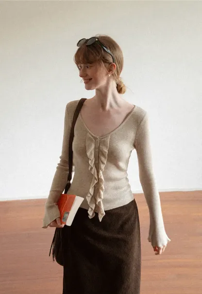 Ruffled Trim V Neck Long Sleeve Knit Sweater