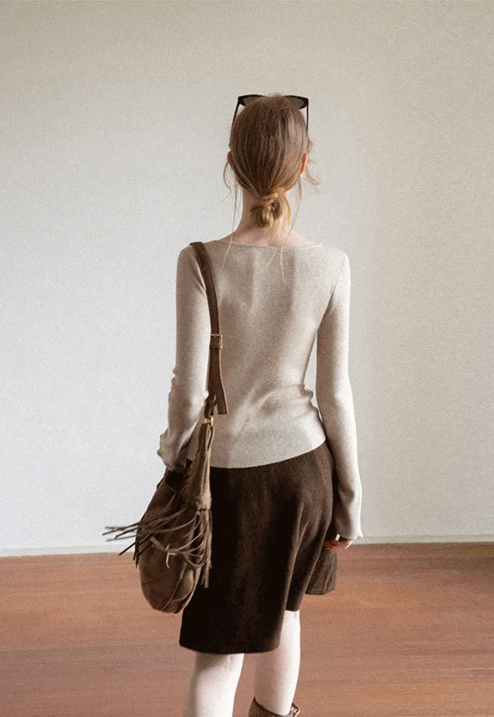 Ruffled Trim V Neck Long Sleeve Knit Sweater