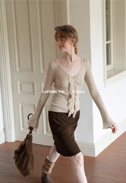 Ruffled Trim V Neck Long Sleeve Knit Sweater