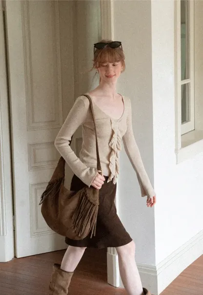 Ruffled Trim V Neck Long Sleeve Knit Sweater