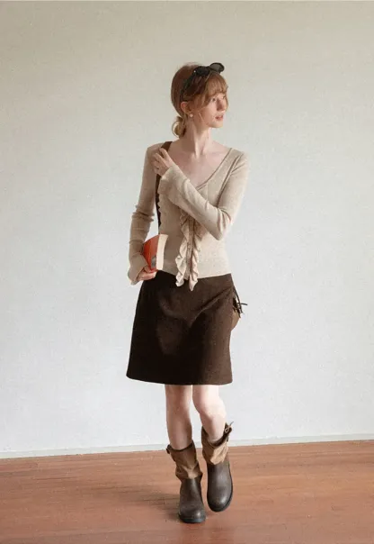 Ruffled Trim V Neck Long Sleeve Knit Sweater